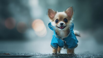Tiny Puppy Wears Blue Raincoat, Stands Proudly in Gentle Rain