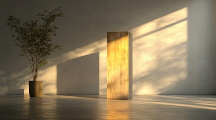 Golden Wooden Sculpture in Minimalist Room with Sunlight