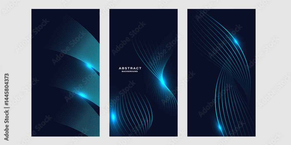 Poster Set of futuristic abstract backgrounds with glowing blue wave lines.