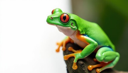 Obraz premium Green tree frog perched on white, vibrant skin details, animal, closeup, background