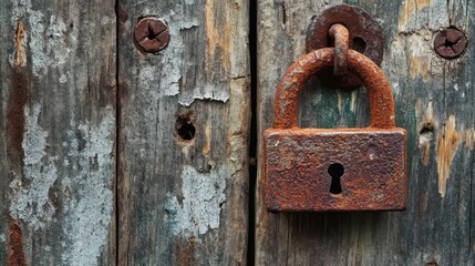 Old wooden door with rusty padlock