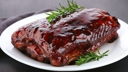 Delicious glazed pork ribs resting on a plate.