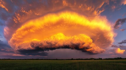 Dramatic sunset supercell thunderstorm over a grassy plain