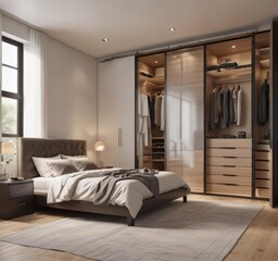 Spacious contemporary bedroom, walk-in closet, stylish furnishings ,  large closet, contemporary bedroom