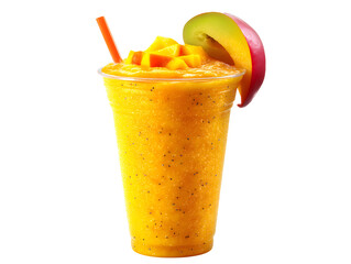 Vibrant mango smoothie in a plastic cup, topped with mango chunks and a slice, plus orange straw
