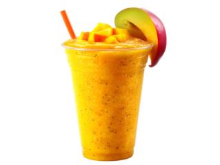 Vibrant mango smoothie in a plastic cup, topped with mango chunks and a slice, plus orange straw
