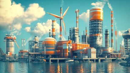 Obraz premium Futuristic industrial power plant with towering turbines pipelines and storage tanks in a modern city skyline Concept of sustainable energy production manufacturing and urban infrastructure