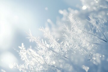 Intricate ice crystals glisten on branches in soft sunlight, a breathtaking winter scene.