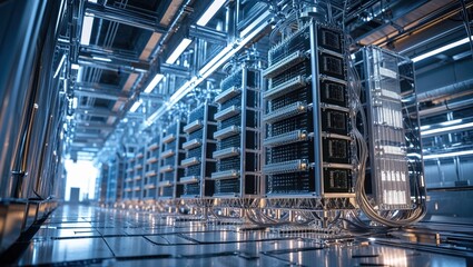 Fototapeta premium Rows of futuristic servers hum in a high-tech data center, bathed in cool blue light. The intricate network of cables and components suggests immense processing power.
