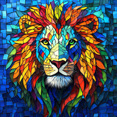 Vibrant Colorful Mosaic Lion Head Art