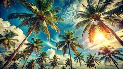 Looking up at blue sky and palm trees, view from below, vintage style, tropical beach and summer background, travel concept
