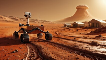 A robotic rover traverses the Martian landscape, leaving tire tracks in the reddish-brown dust. In the distance, a futuristic habitat awaits.