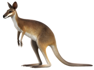 Wallaby with brown fur, light underbelly, and distinctive facial markings, standing against a transparent background