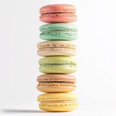 Stack of colorful macarons on a white background. Pastel colored desserts with delicate textures and circular shapes against a clean backdrop