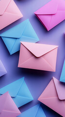 Pastel pink and blue envelopes on purple background, arranged in overlapping pattern, symbolizing communication, messaging or correspondence. Ideal for greeting card, stationery or digital communicati