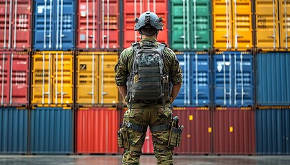 Security guard stands before colorful cargo containers