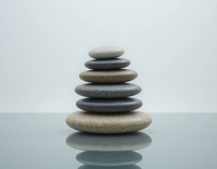 Stacked Smooth River Stones on Reflective Glass Surface with White Background