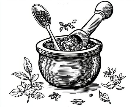 recommend clip art: A display of herbs and spices arranged around a mortar and pestle with a spoon.