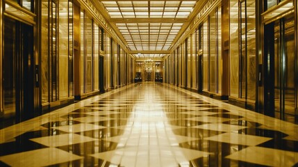 Grand hallway with polished floors and gold accents