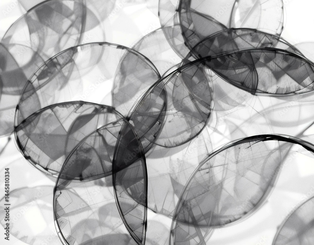 Fototapete monochrome abstract of overlapping transparent discs casting layered shadows.