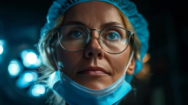 Female surgeon with glasses wearing a bouffant cap and a surgical mask in a bright surgical room with focused expression.