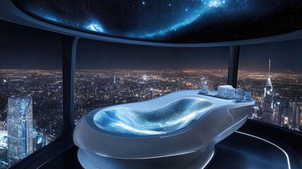 Futuristic, elevated cityscape hot tub experience.
