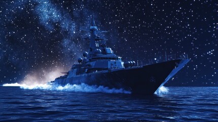 Fototapeta premium Military warship at night, majestic starscape