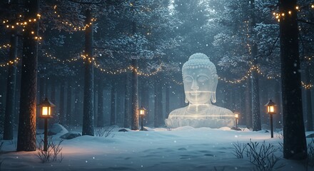 Winter serenity, snowy forest scene with an ice sculpture of Buddha, lit by lanterns