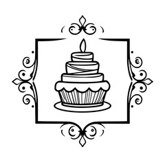 Elegant Cake Illustration in Ornate Frame, Black & White, Celebration Design