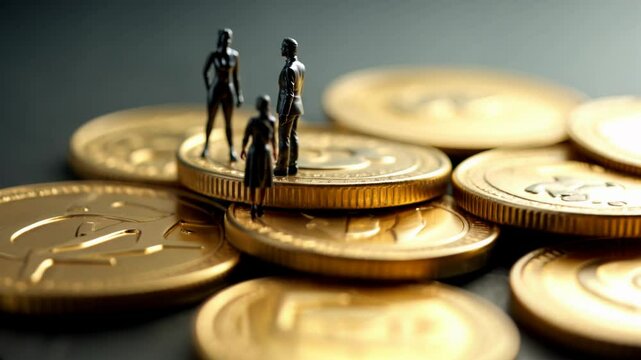 Miniature people standing on stacks of coins of different heights symbolizing income inequality, wage gap, social class differences, and economic disparity in society.