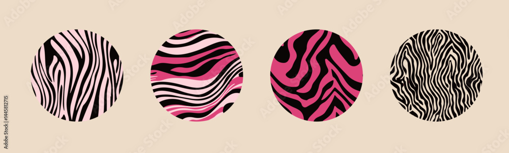 Poster Set of four circular abstract vector designs with zebra-like wavy lines in black, pink, and cream tones, creating a playful and modern animal print effect.