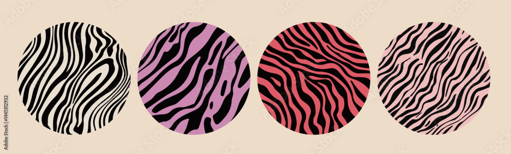 Poster Set of four circular abstract vector designs with zebra-like wavy lines in black, pink, and cream tones, creating a playful and modern animal print effect.