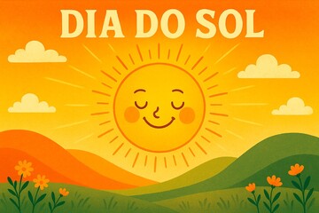 Fototapeta premium Illustration of dia do sol with smiling sun, clouds, hills, and flowers in a bright landscape