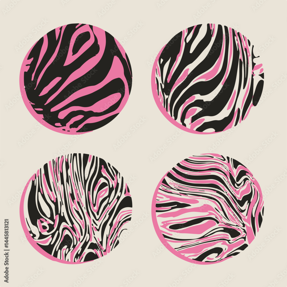 Poster set of four circular abstract vector designs with zebra-like wavy lines in black, pink, and cream to
