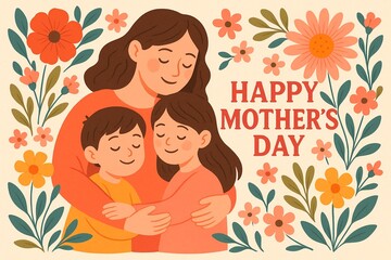 Illustration of a mother hugging her children surrounded by flowers for mother's day celebration