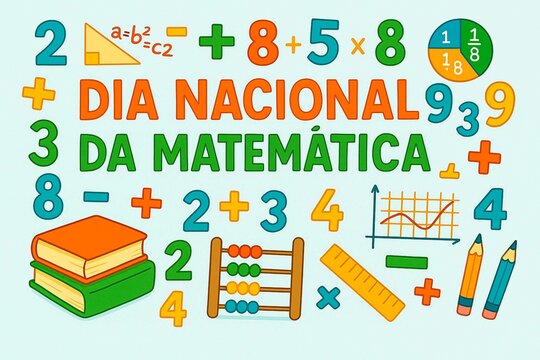 Colorful mathematics day illustration with numbers, symbols, books, and math tools design