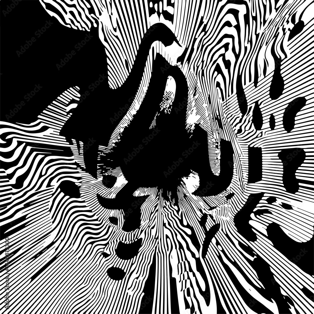 Poster Abstract vector illustration with black and white wavy lines that form an optical illusion effect, creating a dynamic, modern, and hypnotic visual.