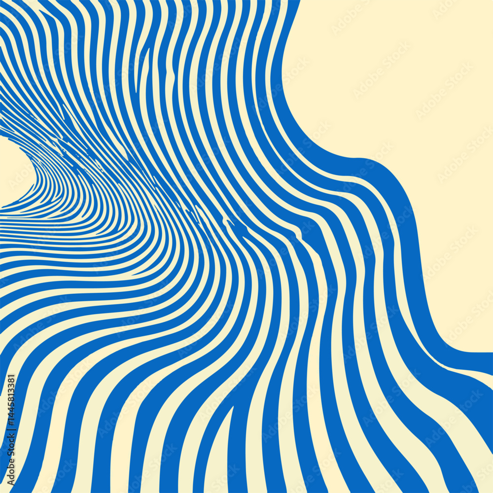 Aufkleber Dynamic abstract vector illustration with wavy blue lines on a beige background, creating an optical illusion and sense of movement, perfect for modern graphic design and artistic backgrounds.
