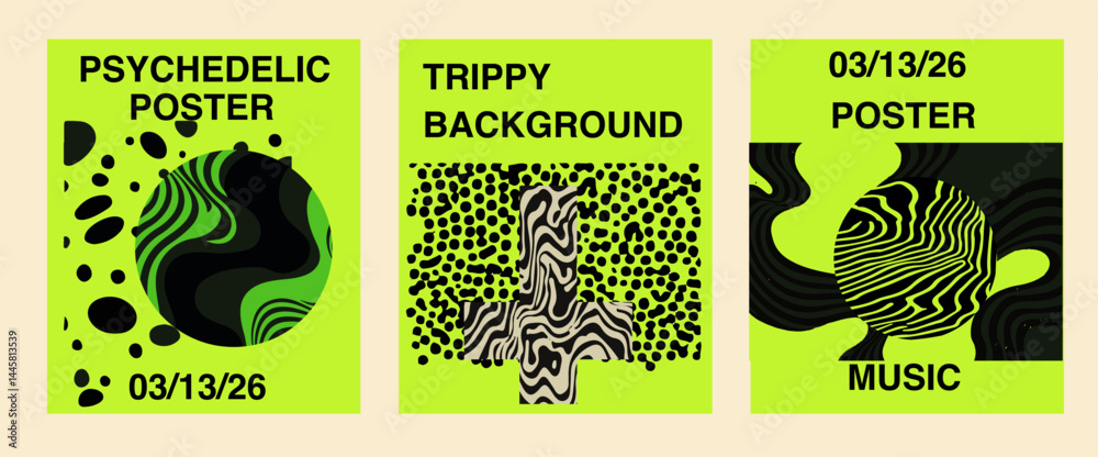 Poster set of three vibrant, psychedelic vector posters with wavy, trippy designs and abstract shapes in ne
