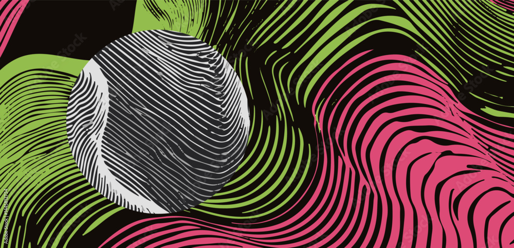 Aufkleber Vector illustration features vibrant green and pink wavy lines forming an abstract, flowing pattern on a black background, creating a dynamic sense of movement and energy.