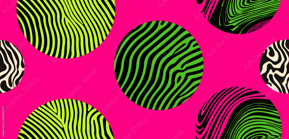 Poster various colorful psychedelic circles, each filled with wavy, abstract, neon patterns in the modern t