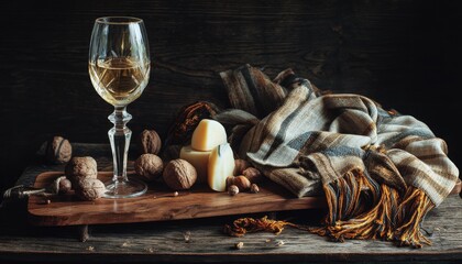 Elegant still life of wine glass cheese and walnuts set against a rustic wooden background with textured fabric creating a rich and inviting atmosphere.