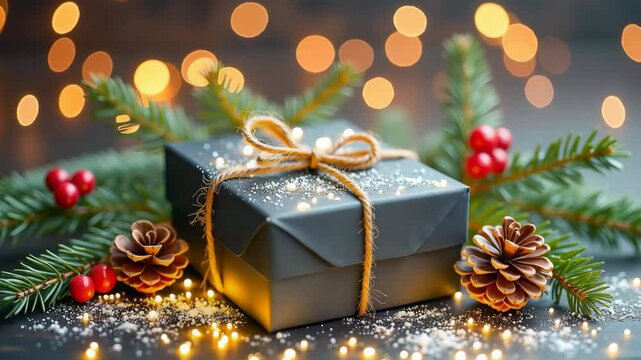  gift box with twine surrounded by pine cones, holly berries, and evergreen branches on a black wooden surface, festive holiday decor concept. Magical concept of Christmas and New Year

