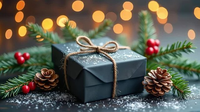 Rustic gray Christmas gift box with twine ribbon, pine cones, fir branches and golden bokeh lights &ndash; 4K motion video for cozy winter holiday and seasonal greeting themes