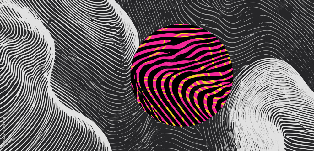 Fototapete Abstract vector art with black and white wavy lines forming a dynamic background, featuring a bold pink sphere with matching striped pattern, creating a striking and modern visual effect.