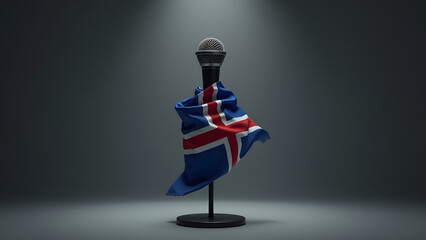 Iceland’s flag chokes a microphone—symbolizing silenced voices. Dark, moody lighting highlights frayed edges. Minimalist yet powerful.