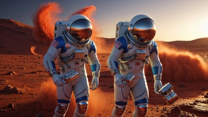 Two Astronauts Spacesuits Traverse Martian