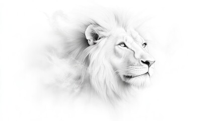 Monochromatic lion portrait.  A majestic white lion's head in profile view, rendered in grayscale.  The fur is depicted with smooth shading and textures,