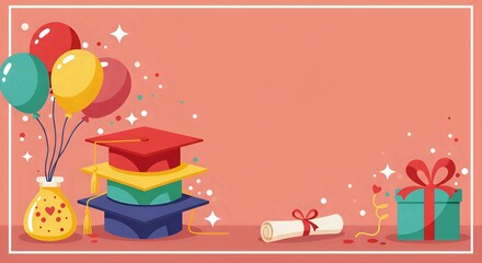 Fototapeta premium Graduation Celebration Illustration with Mortarboards, Balloons, and Gifts