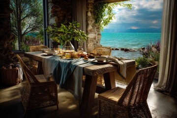rustic seaside dining room with wicker chairs, natural wood table, and soft linens, set for a cozy meal by open windows overlooking turquoise waters, mountains, and lush garden under a dramatic sky
